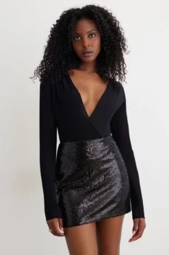 Dynamite Deep V-Neck Wrap Bodysuit In Jet Black