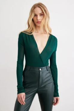 Dynamite Deep V-Neck Wrap Bodysuit In Jewel Green