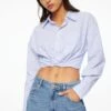 Dynamite Cropped Button Up Shirt In Blue & White Pinstripe