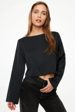 Dynamite Gianna Crewneck Satin Blouse In Jet Black