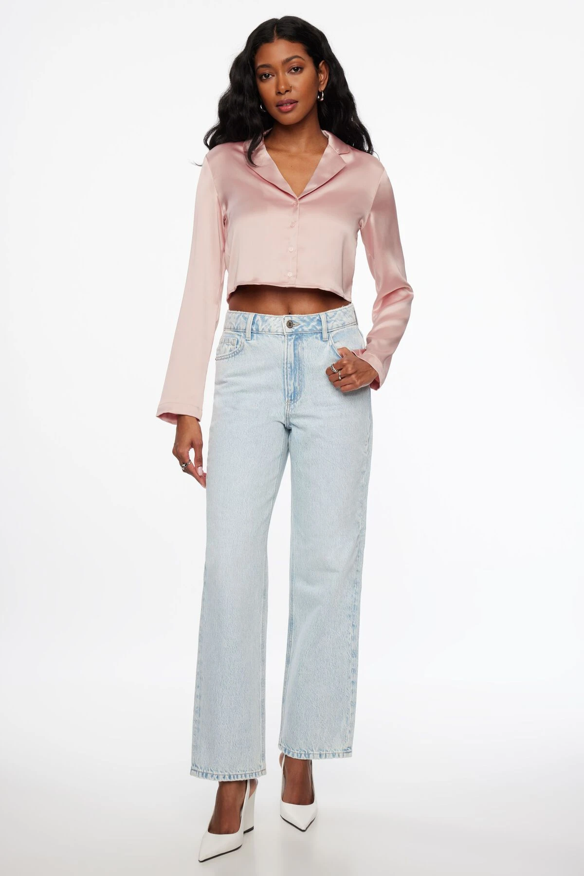 Dynamite Notch Lapel Satin Shirt In Lotus Pink - Image 2