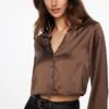 Dynamite Notch Lapel Satin Shirt In French Roast Brown