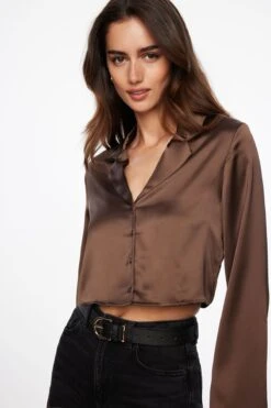 Dynamite Notch Lapel Satin Shirt In French Roast Brown