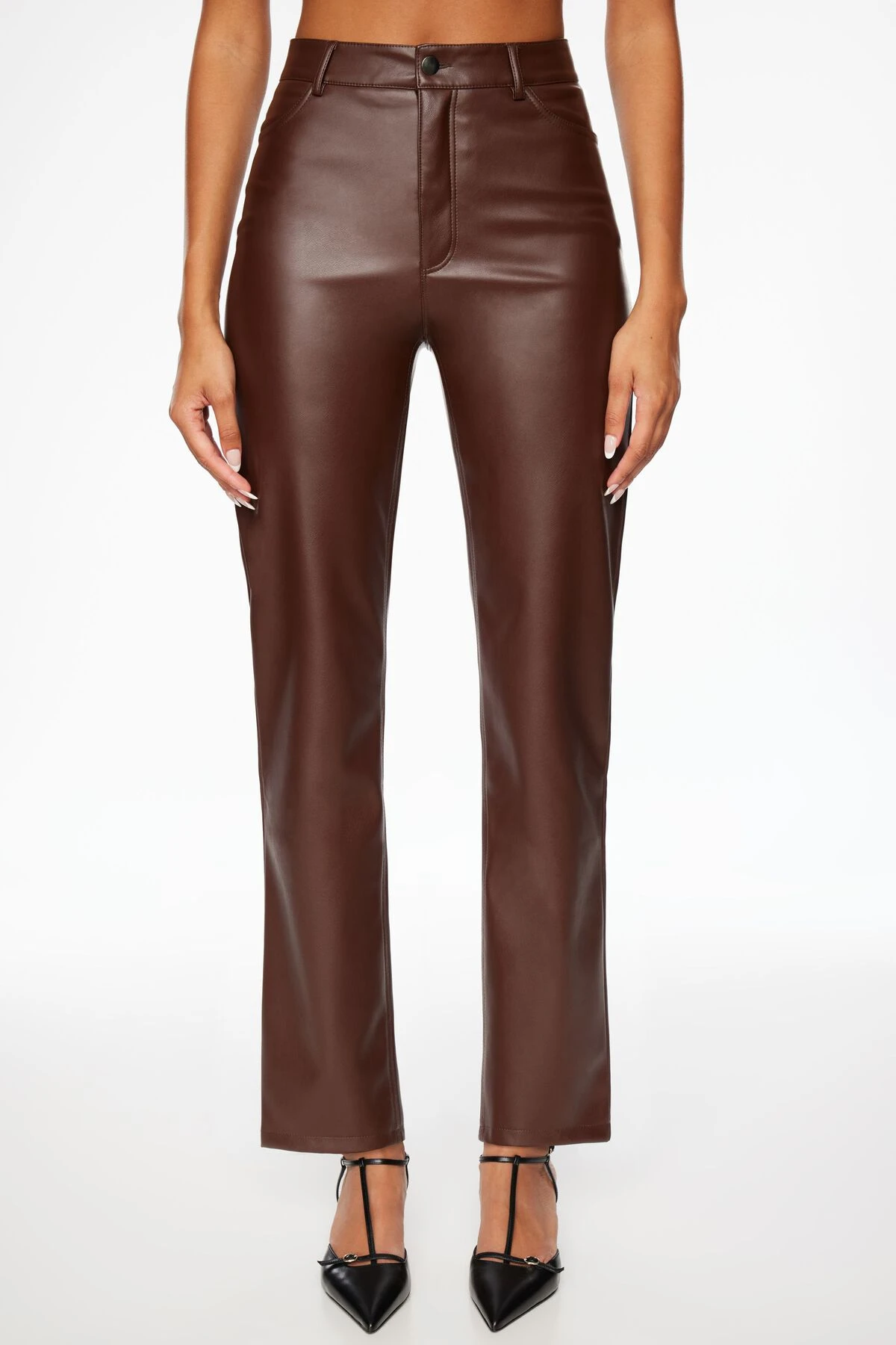 Dynamite Gisele Faux Leather Straight Leg Pants In Brown French Roast - Image 2