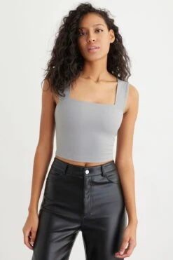 Dynamite Lota Sculpt Square Neck Tank Top In Frost Gray