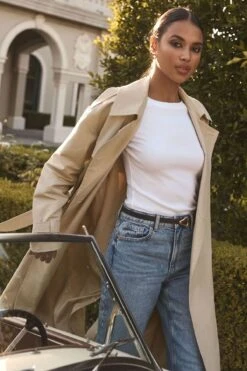 Dynamite Maxi Trench Coat In Soft Sand Beige