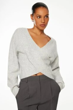 Dynamite Heavenlyarn™ Long Sleeve Cross Over Sweater In Light Grey Mix
