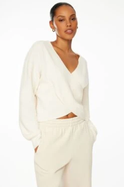 Dynamite Heavenlyarn™ Long Sleeve Cross Over Sweater In Sea Salt Beige