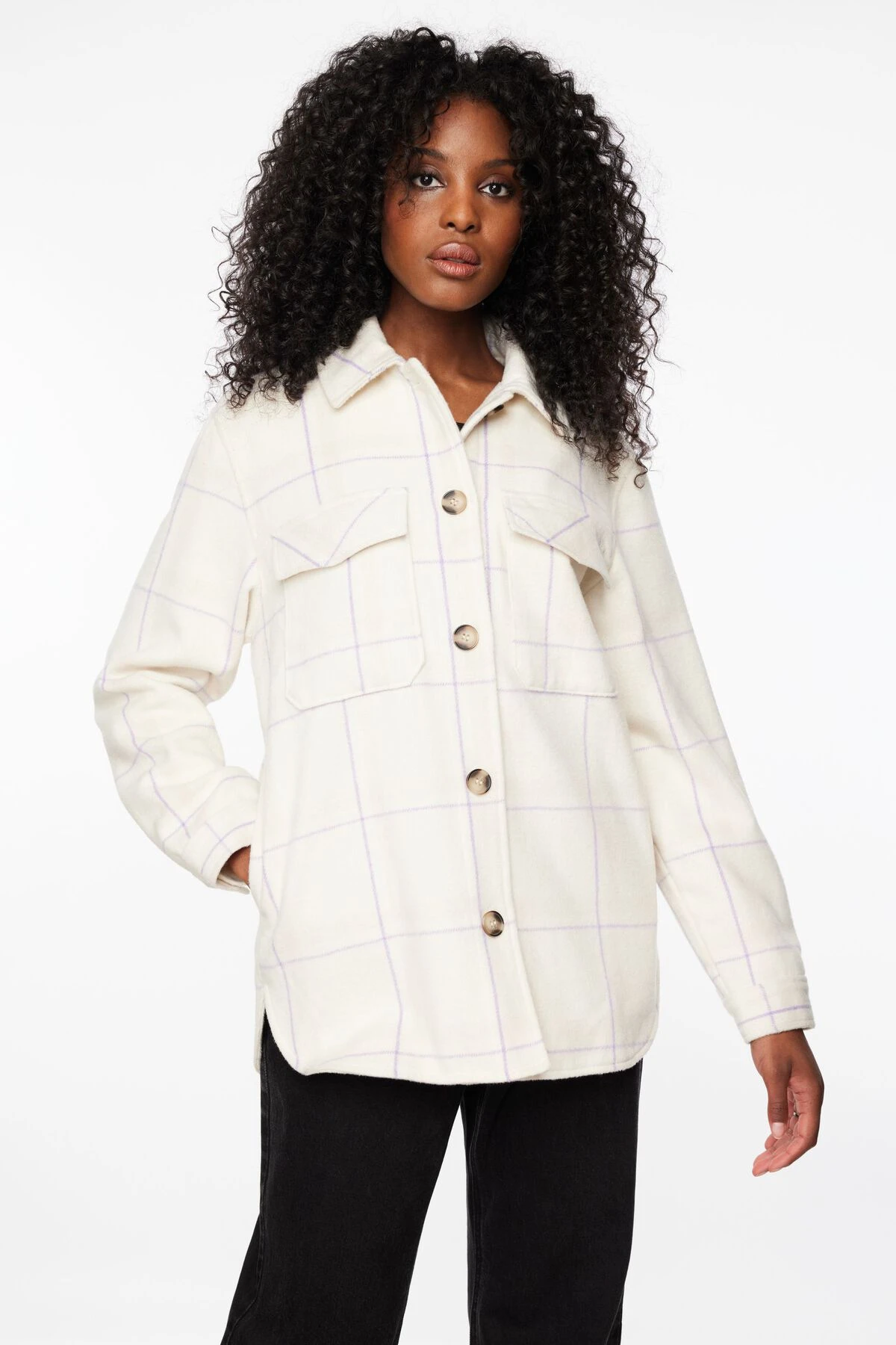 Dynamite York Plaid Shacket In Beige & Purple - Image 2