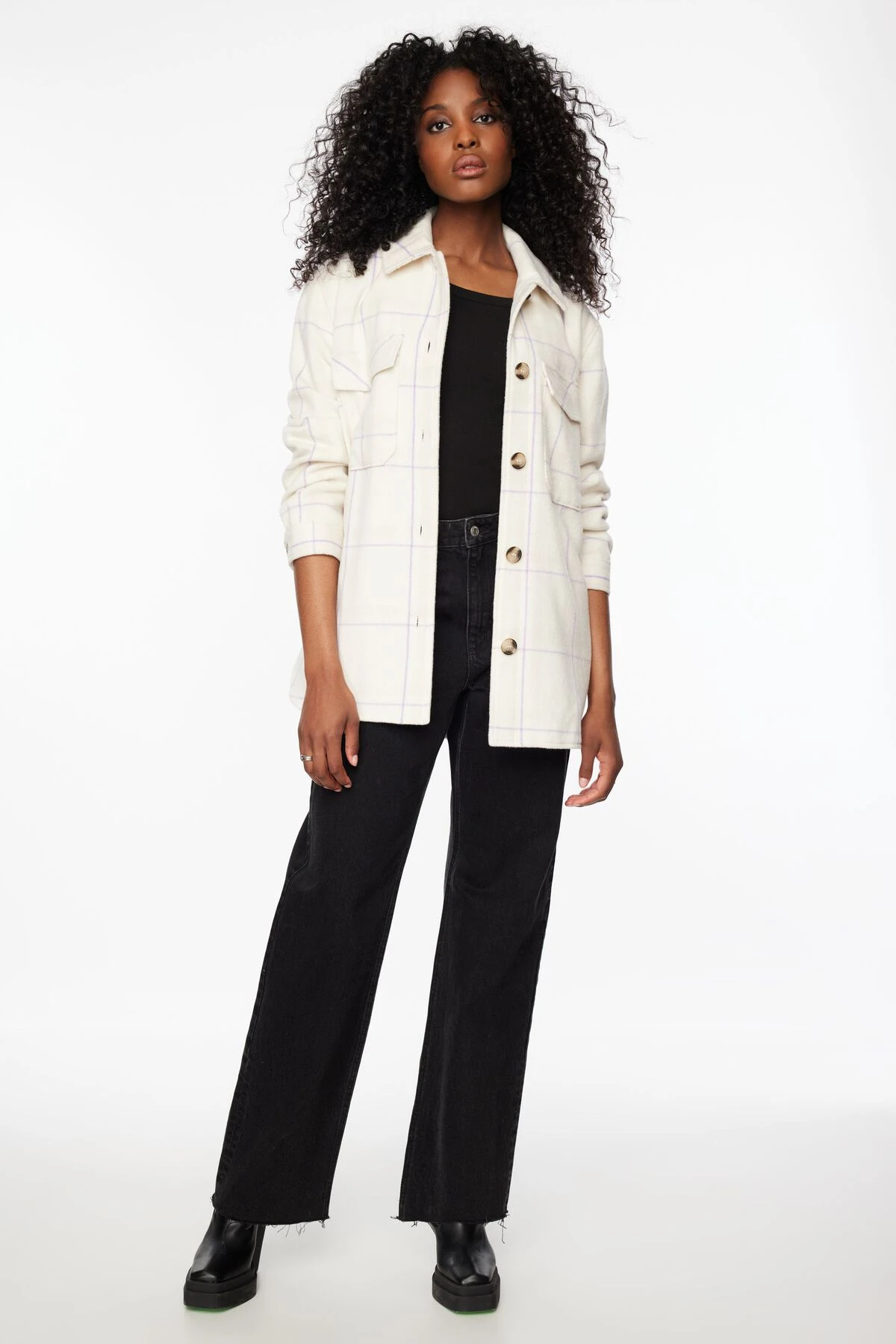 Dynamite York Plaid Shacket In Beige & Purple