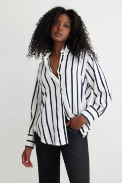 Dynamite Frida Satin Oversized Shirt In Navy & White Stripe