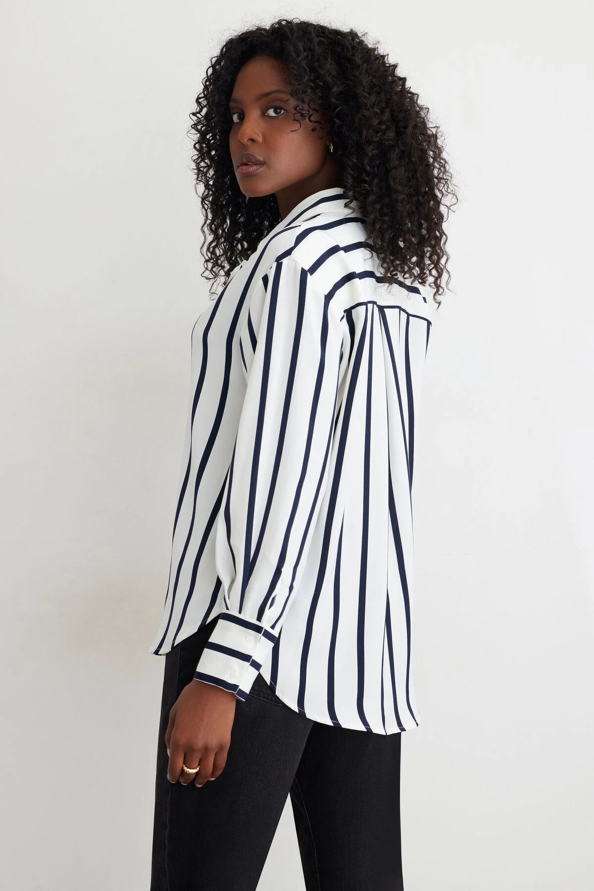 Dynamite Frida Satin Oversized Shirt In Navy & White Stripe - Image 2