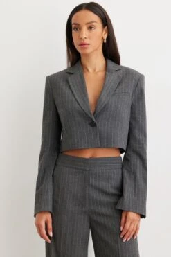 Dynamite Kora Cropped Blazer In Grey Pinstripe