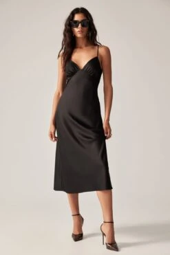 Dynamite Violet Open Back Slip Midi Dress In Jet Black