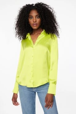Dynamite Matisse Slim Satin Button Up Shirt In Wild Lime Green