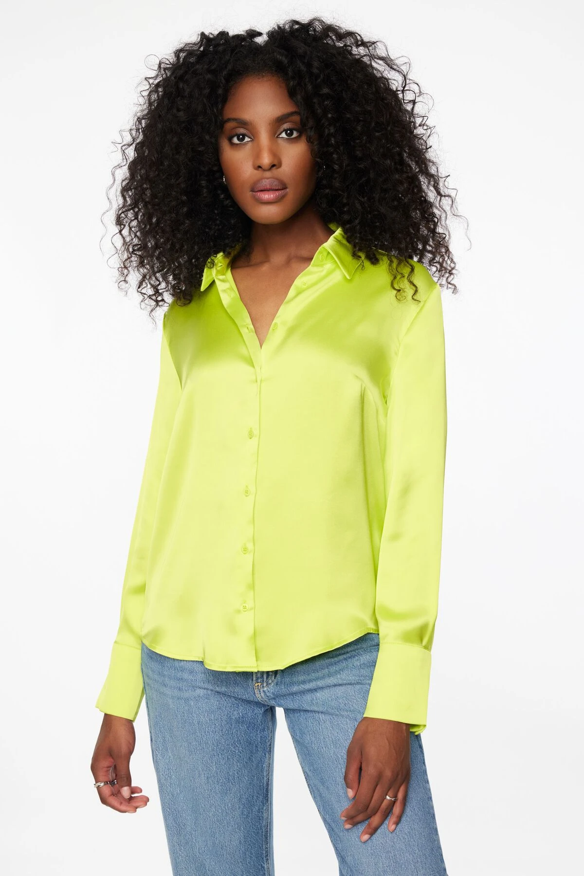 Dynamite Matisse Slim Satin Button Up Shirt In Wild Lime Green