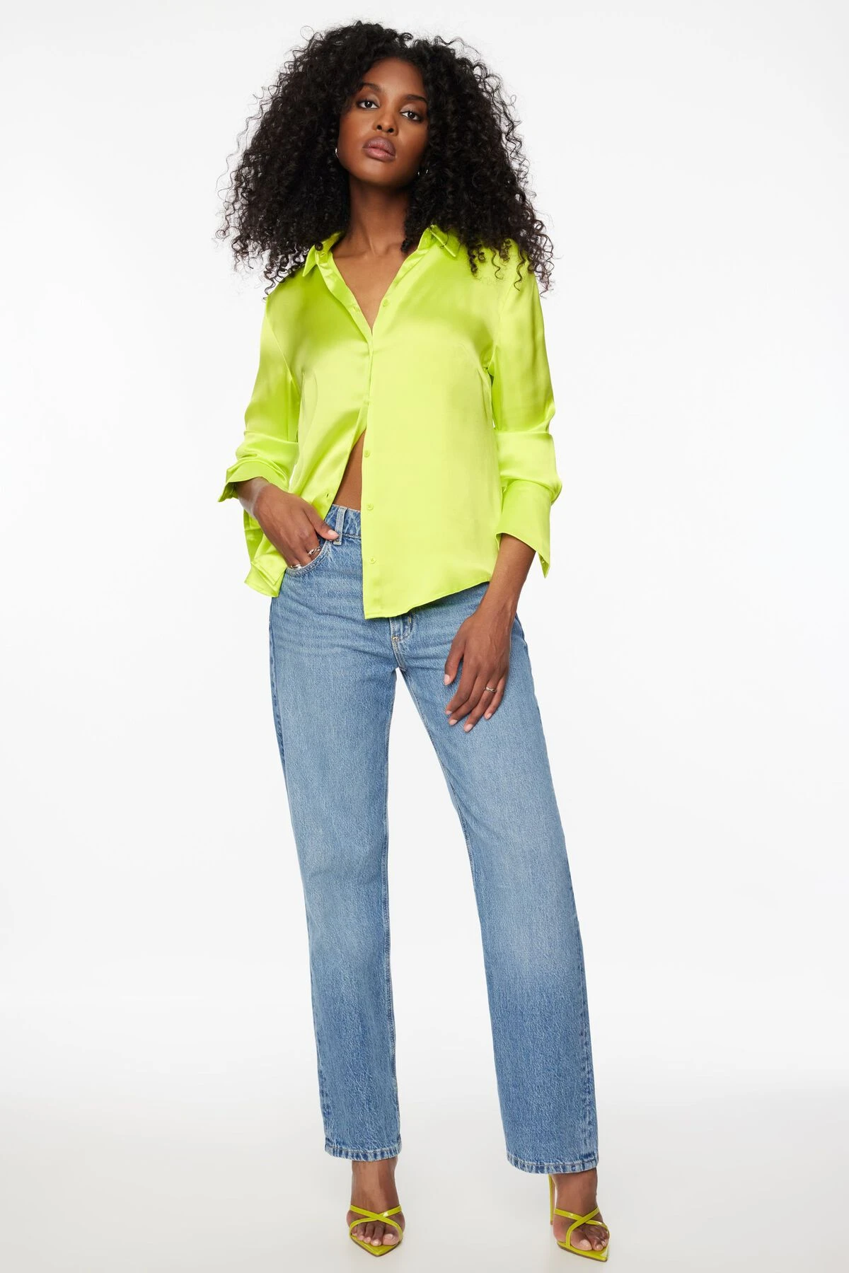 Dynamite Matisse Slim Satin Button Up Shirt In Wild Lime Green - Image 2