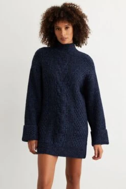 Dynamite Cable Knit Mock Neck Dress In Orion Blue