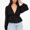 Dynamite Long Sleeve Peplum Blouse In Jet Black