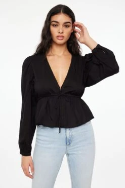 Dynamite Long Sleeve Peplum Blouse In Jet Black