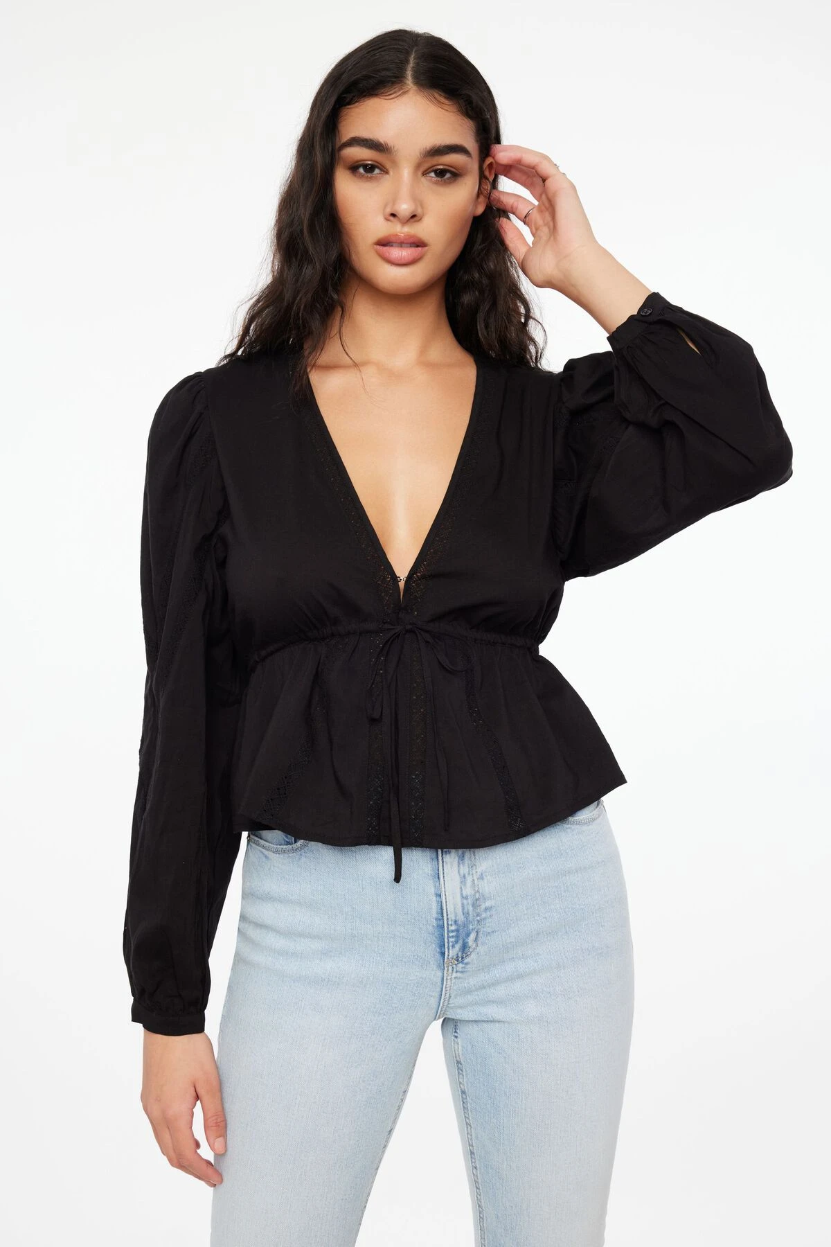Dynamite Long Sleeve Peplum Blouse In Jet Black