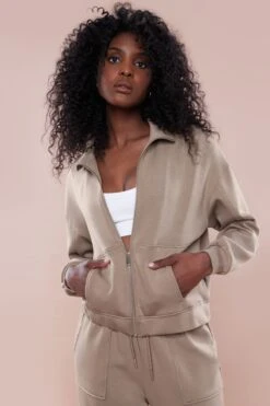 Dynamite Scuba Zip Sweatshirt Jacket In Cinder Taupe