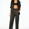 Dynamite Izabel Satin Straight Leg Cargo Pants In Jet Black