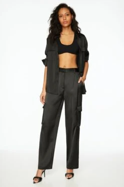 Dynamite Izabel Satin Straight Leg Cargo Pants In Jet Black