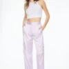Dynamite Izabel Satin Straight Leg Cargo Pants In Orchid Petal Purple