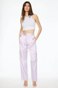 Dynamite Izabel Satin Straight Leg Cargo Pants In Orchid Petal Purple