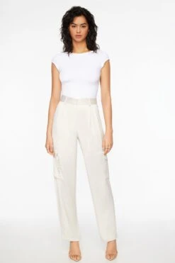 Dynamite Izabel Satin Straight Leg Cargo Pants In Polished Pearl Beige