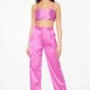 Dynamite Izabel Satin Straight Leg Cargo Pants In Meadow Mauve Purple