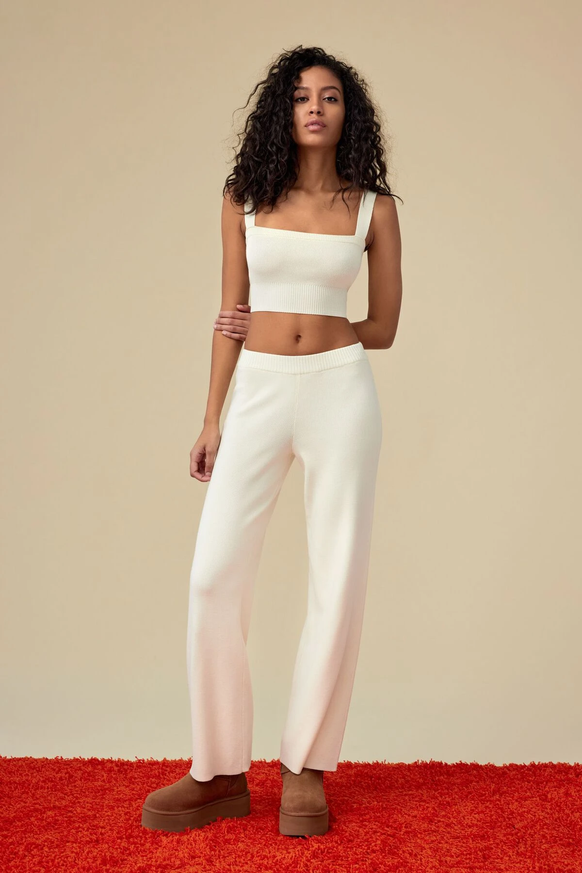 Dynamite Knitted Flared Pants In Marshmallow Beige