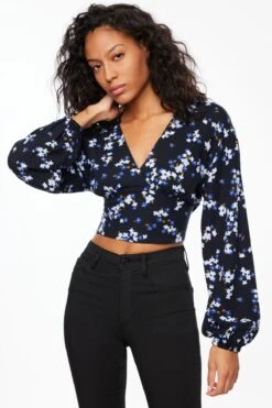 Dynamite Long Sleeve V-Neck Blouse In Small Blue Floral