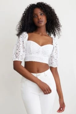 Dynamite Short Sleeve Eyelet Crop Top In Bright White