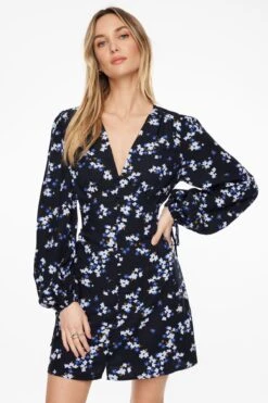 Dynamite V-Neck Button Mini Dress In Blue Floral