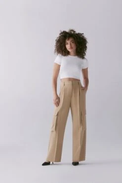 Dynamite Gemma Wide Leg Cargo Pants In Almond Tan Beige