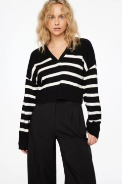 Dynamite Cropped Polo Sweater In Jet Black & Snow White Stripes