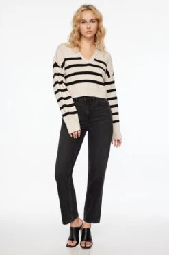 Dynamite Cropped Polo Sweater In Polished Pearl & Jet Black Stripes