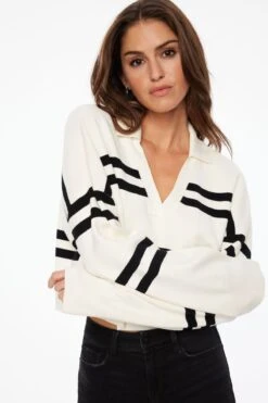 Dynamite Cropped Polo Sweater In Snow White & Black Stripes