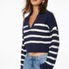 Dynamite Cropped Polo Sweater In Navy Blazer & Snow White Stripes