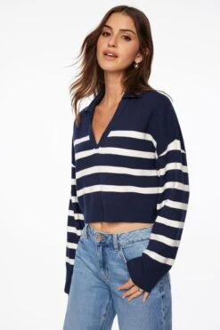 Dynamite Cropped Polo Sweater In Navy Blazer & Snow White Stripes