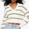 Dynamite Cropped Polo Sweater In Snow White & Soft Moss Stripes