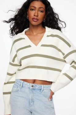 Dynamite Cropped Polo Sweater In Snow White & Soft Moss Stripes