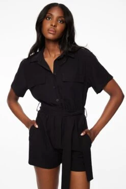 Dynamite Short Sleeve Utility Romper In Jet Black