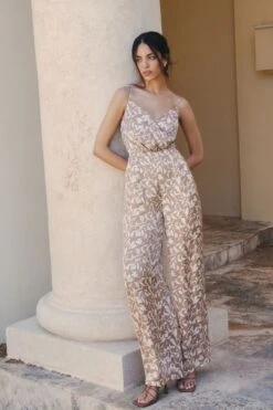 Dynamite Wrap Satin Jumpsuit In Tan & Beige Foliage