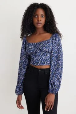 Dynamite Square Neck Blouse With Bubble Sleeves In Blue & Purple Floral