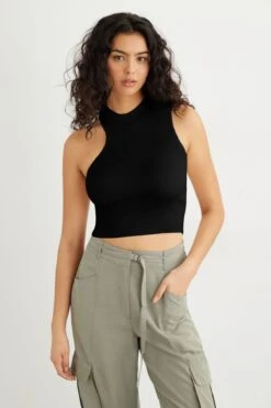Dynamite Asymmetrical Mock Neck Tank Top In Jet Black