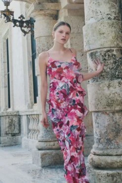 Dynamite V-Neck Ruffle Maxi Dress In Pink Water Floral