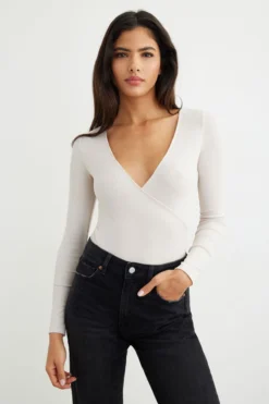 Dynamite Long Sleeve Wrap Bodysuit In Pebble Gray